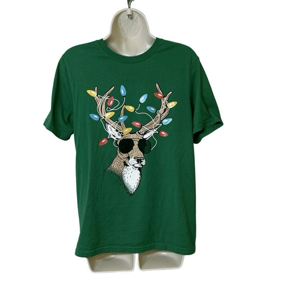 Holiday Time Green Reindeer Lights Tee Youth XL Fun Festive Christmas Top